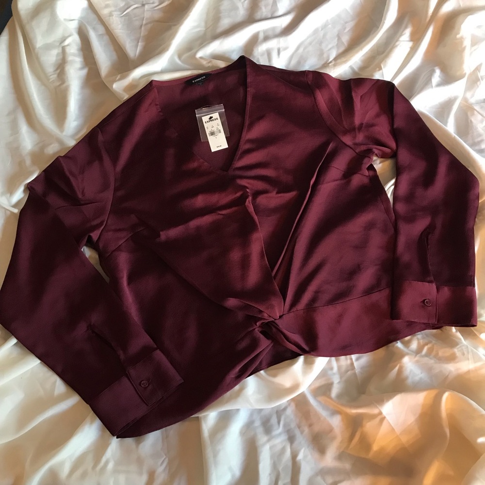 Wine Colored Long Sleeve Twist Front Blouse